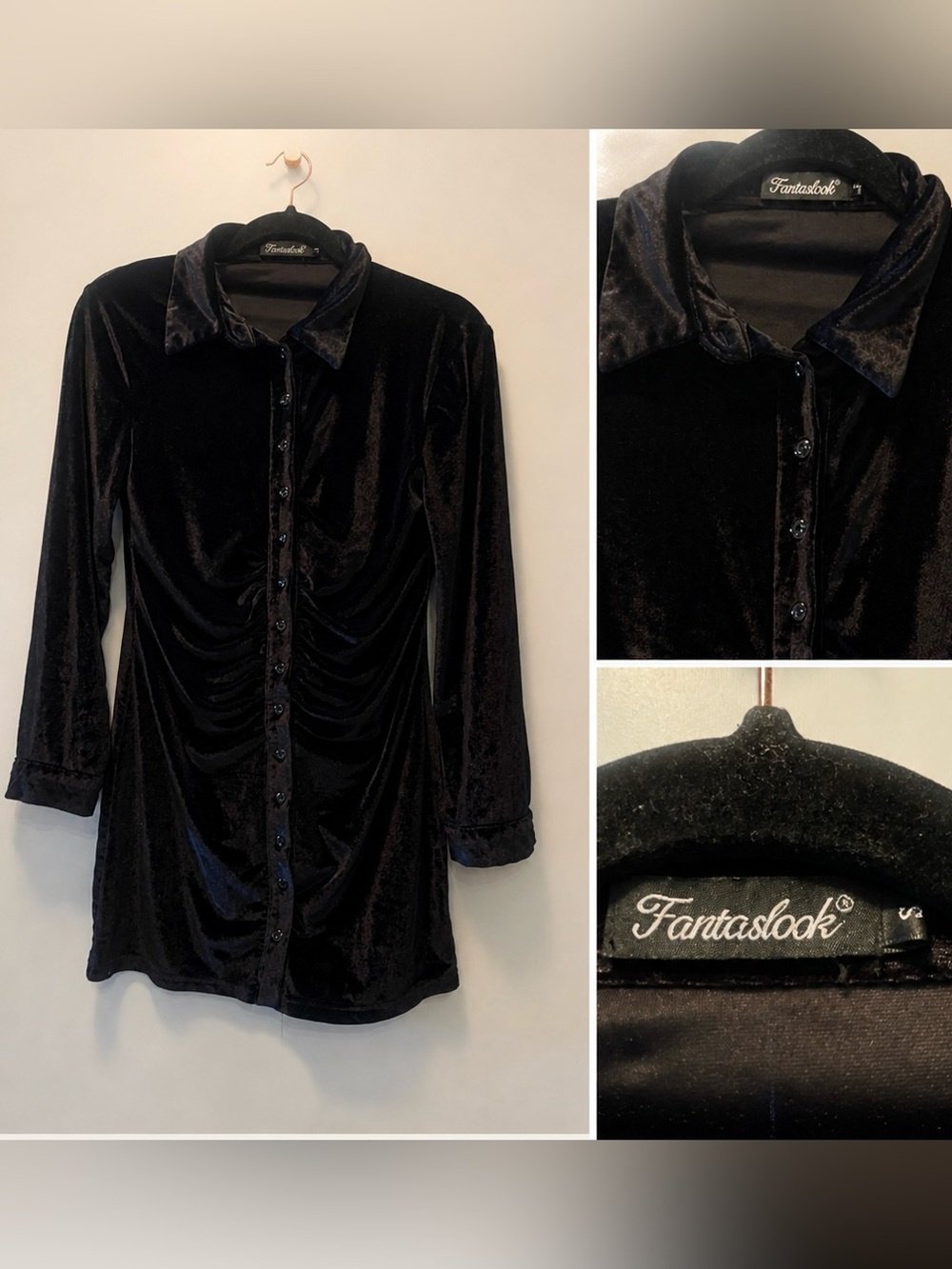Ruched Black Body Con Mini Dress - Crushed Velvet Button Down / Long Sleeve EUC